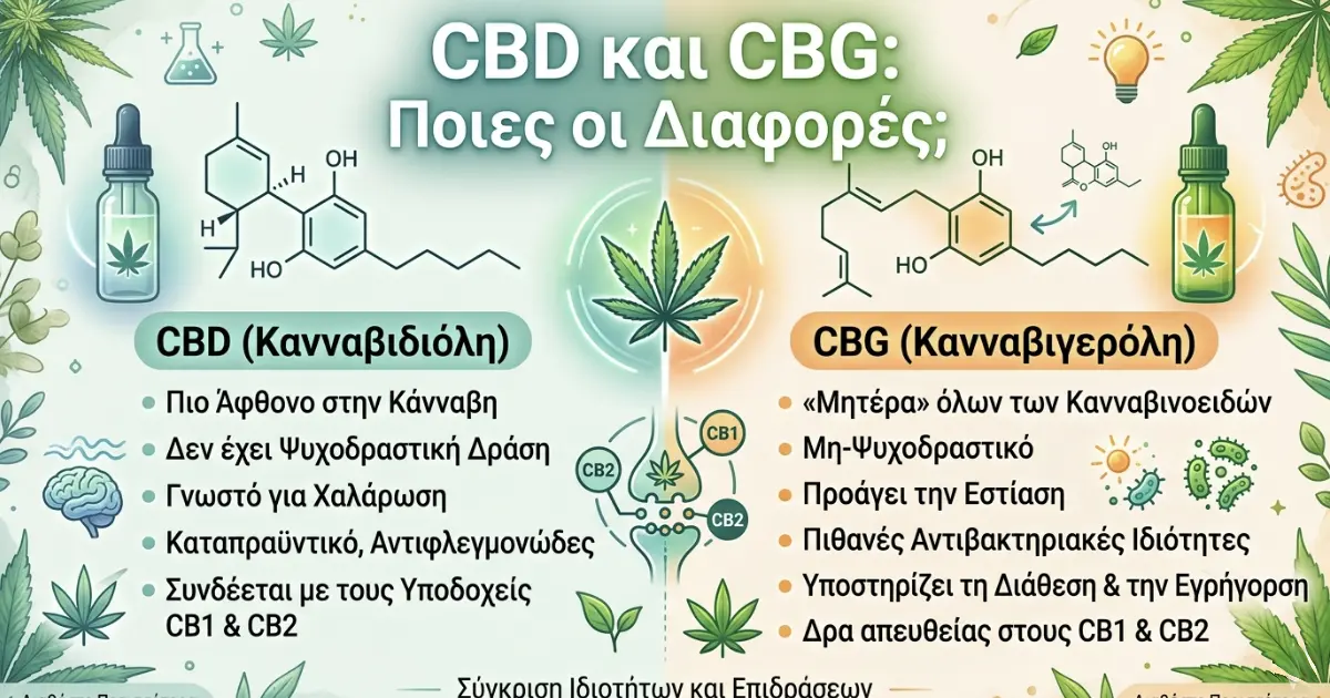 Μπερδεμένοι με τα κανναβινοειδή; Μάθετε τις διαφορές ανάμεσα στο έλαιο CBD και CBG και ανακαλύψτε ποιο ταιριάζει καλύτερα στις δικές σας ανάγκες ευεξίας.